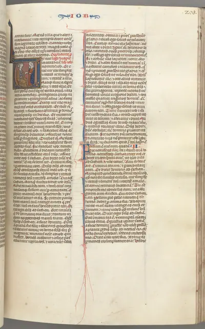 Fol. 205r, Job, historiated initial V, Job on the dungheap given a gold earring by one of his sisters
