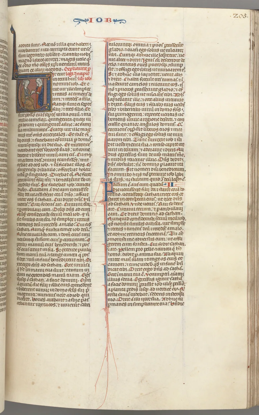 Fol. 205r, Job, historiated initial V, Job on the dungheap given a gold earring by one of his sisters