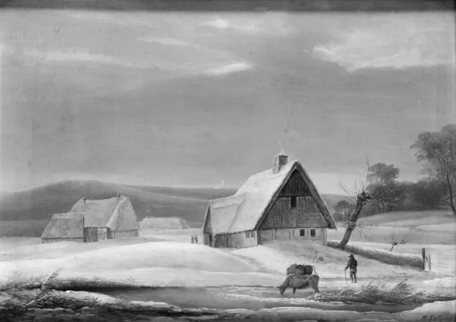 Vinterlandskab med to gårde ved en tilfrossen å by F.M.E. Fabritius de Tengnagel