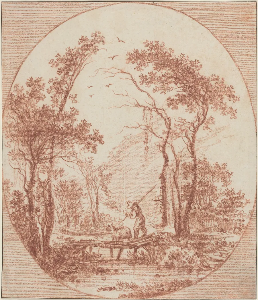 A Farmer and a Sheep Crossing a Rustic Bridge by Jean-Baptiste Le Prince