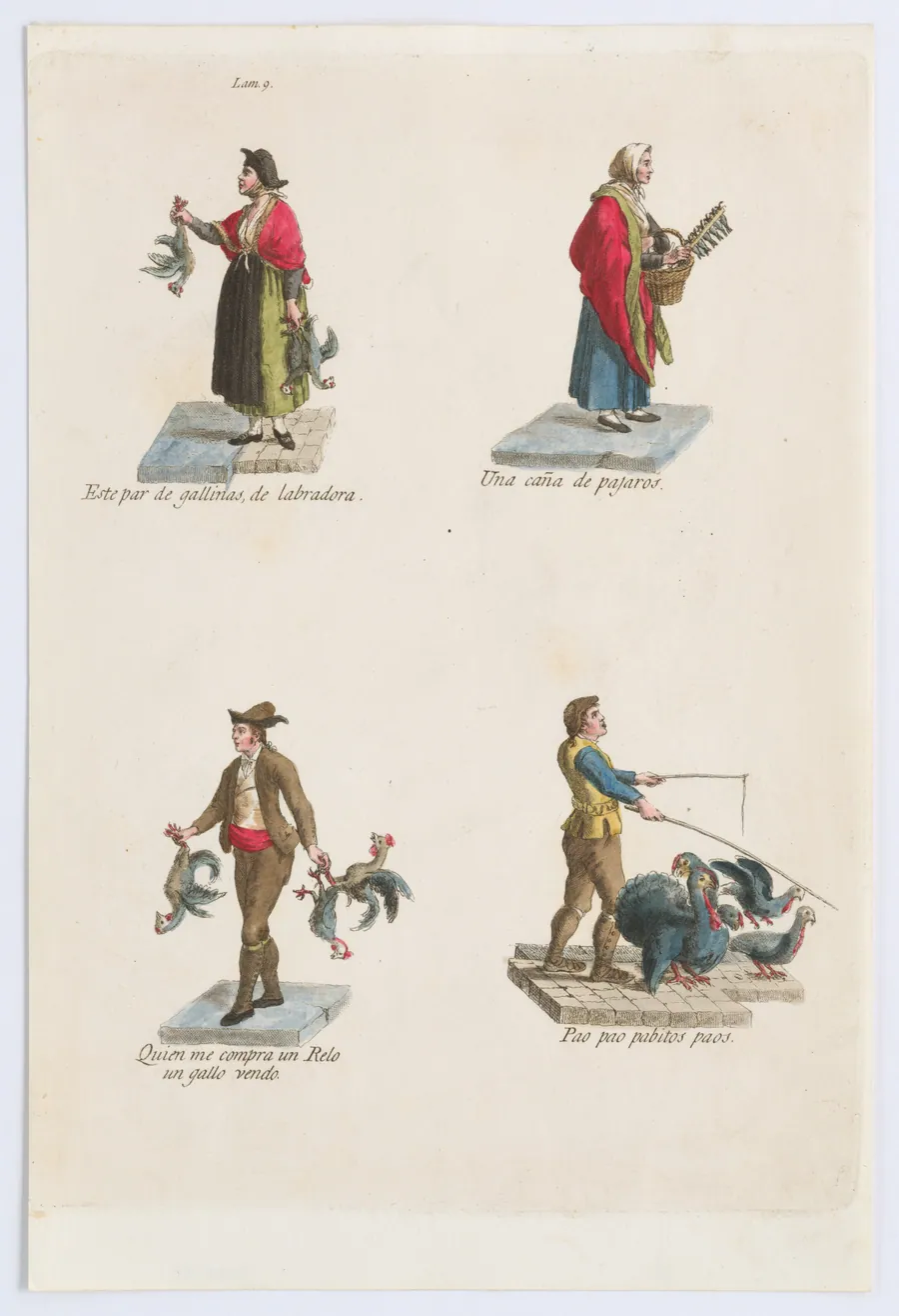Plate 9: four street vendors from Madrid selling different kinds of birds (chicken, turkey, etc), from "Los Gritos de Madrid" (The Cries of Madrid) by Miguel Gamborino