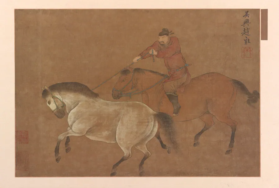 A rider lassoing a horse by Traditionally attributed to Zhao Yong 趙雍 (1291-1361)