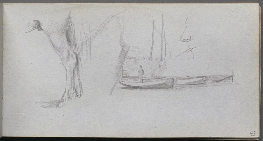 Sketchbook, page 43: Studies: Horse's leg, Figure in a Boat, and Profile by Ernest Meissonier