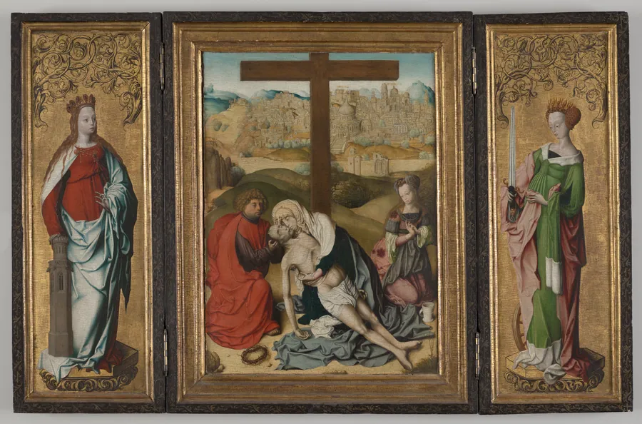 Triptych with The Lamentation of Christ (center), St. Barbara (left wing), St. Catherine of Alexandria (right wing), The Annunciation (reverse wings) by Master of the Krainburg Altar