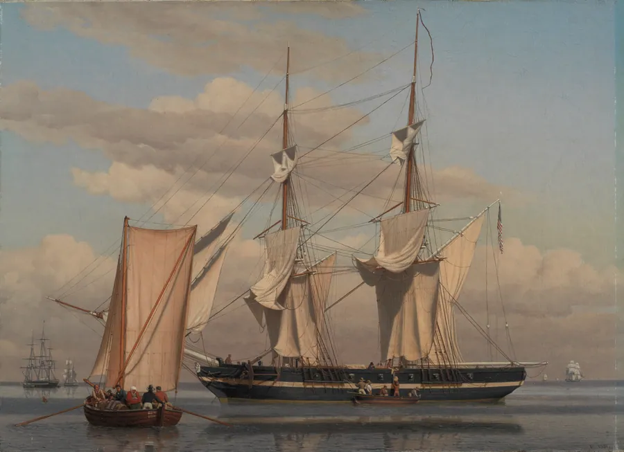 En amerikansk orlogsbrig, der ligger for anker, mens sejlene tørres by C.W. Eckersberg
