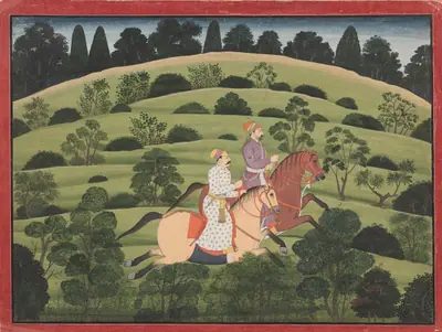 Akrura and Kritavarma flee Dvaraka, page from the "Large Basohli Bhagavata Purana"