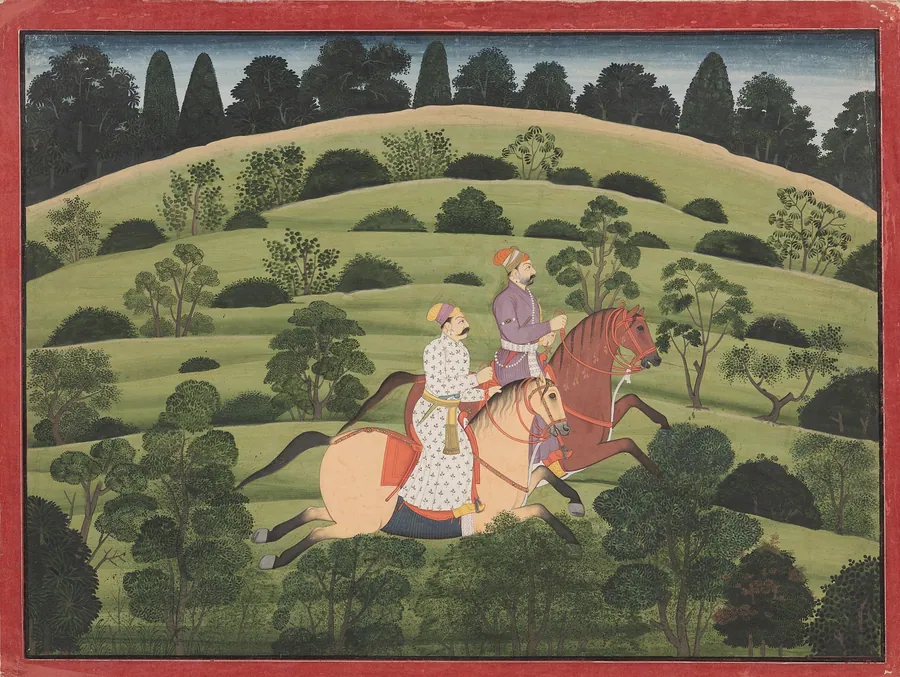 Akrura and Kritavarma flee Dvaraka, page from the "Large Basohli Bhagavata Purana"