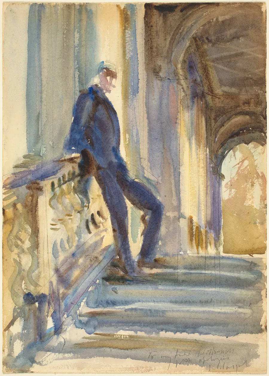 Sir Neville Wilkinson on the Steps of the Palladian Bridge at Wilton House by John Singer Sargent