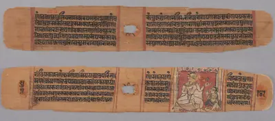 Folio 141, from a Kalpa-sutra and Story of Kalakacharya: Text (recto); Monk Holding a Flower Venerated by a Lay disciple (verso)