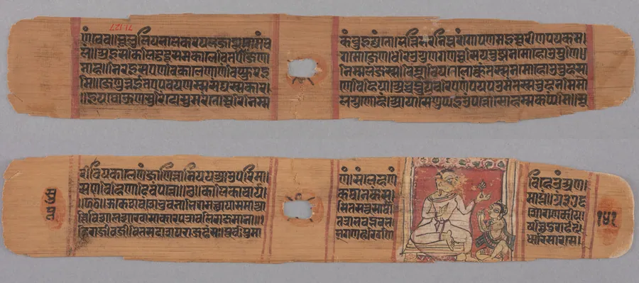 Folio 141, from a Kalpa-sutra and Story of Kalakacharya: Text (recto); Monk Holding a Flower Venerated by a Lay disciple (verso)