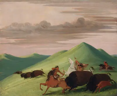 Buffalo Chase, Bull Protecting a Cow and Calf