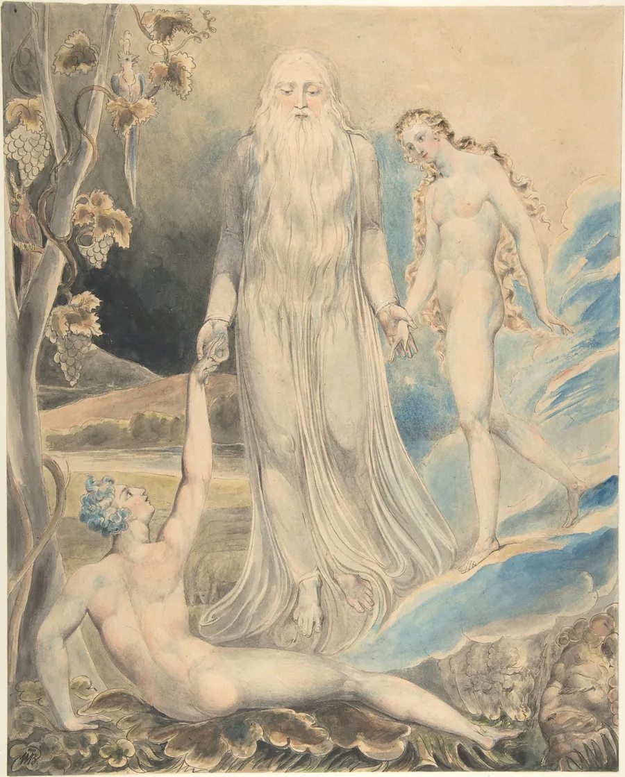 Angel of the Divine Presence Bringing Eve to Adam (The Creation of Eve: "And She Shall be Called Woman) (recto); Sketch for the same (verso) by William Blake