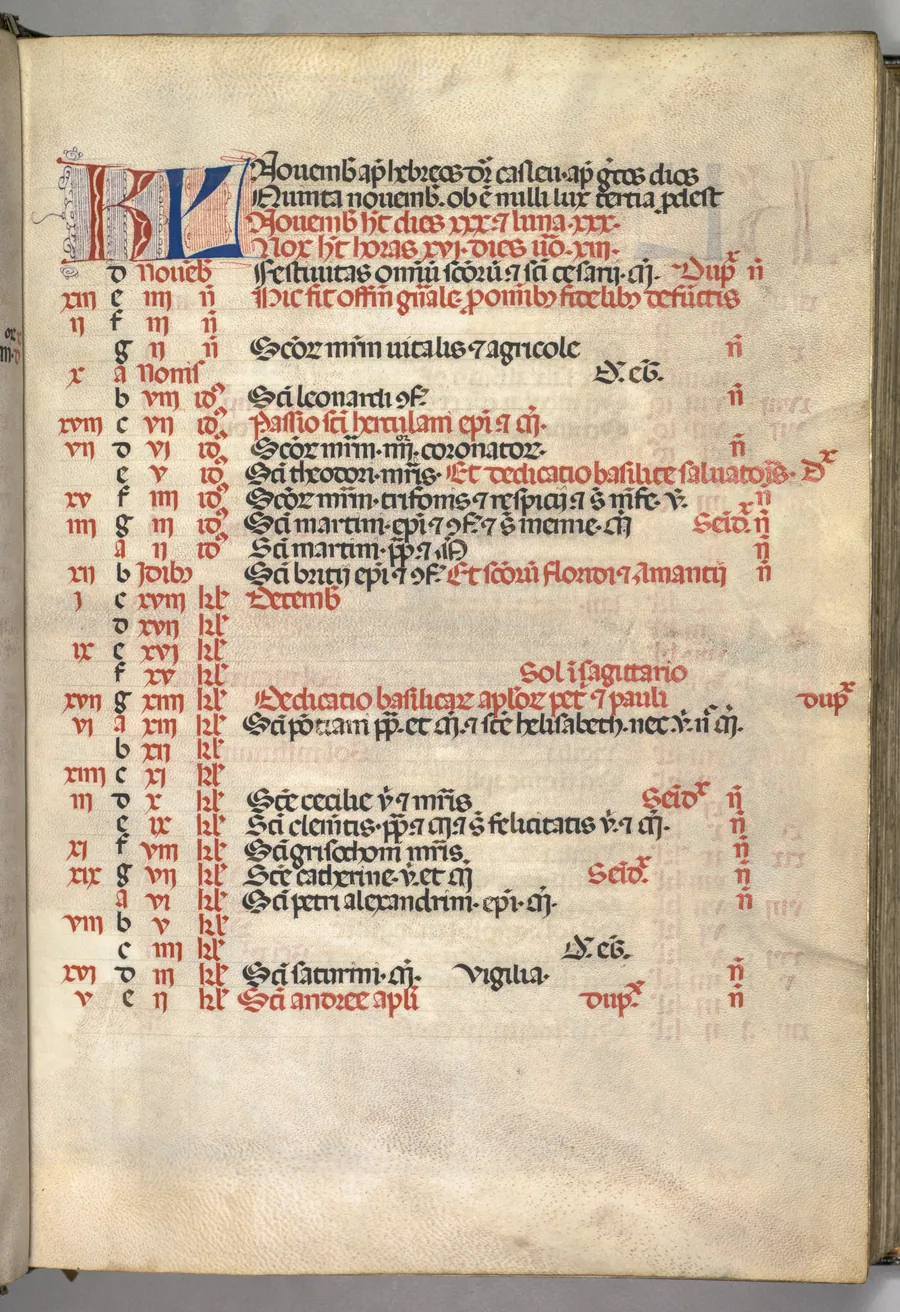 Missale: Fol. 8r: November Calendar Page by Giapeco Caporali