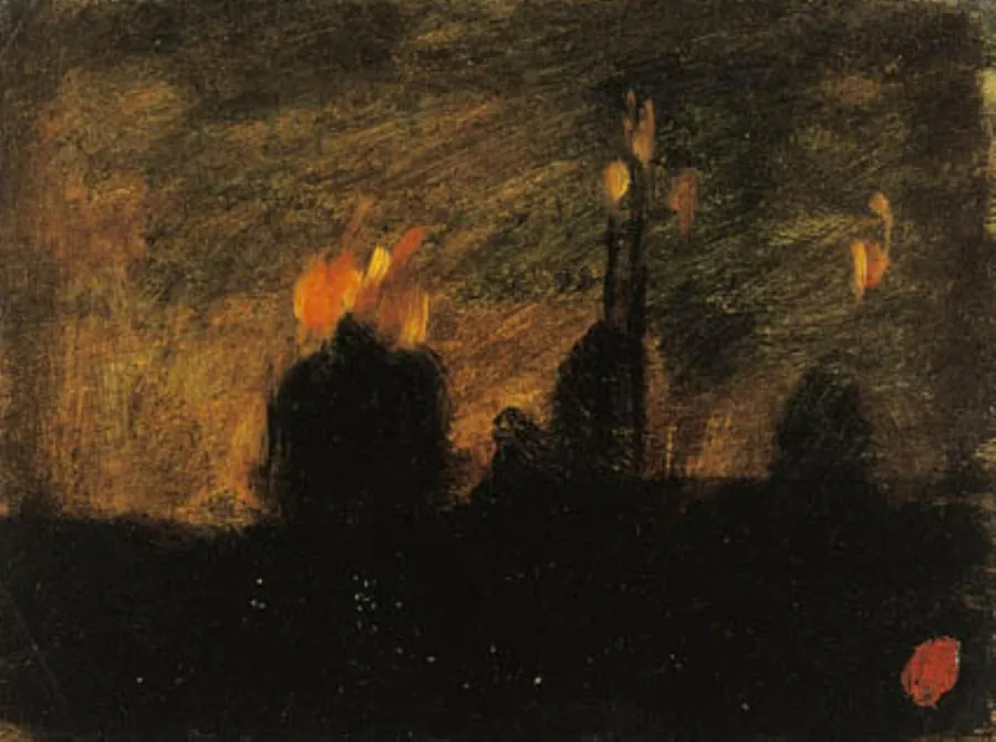 Nattestemning med ildebrande i St-Vast-là-haut nær Valenciennes by Jean-Baptiste Carpeaux