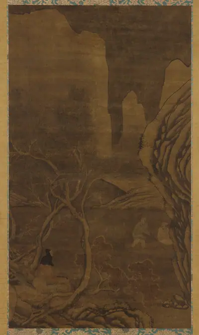 Winter landscape: travelers at a ferry