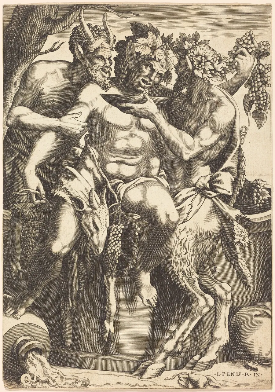 Two Satyrs Giving Drink to Bacchus by René Boyvin