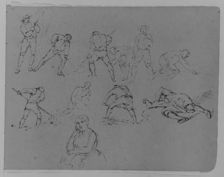 Farm Workers, Most Baling Hay; Leaning Woman, Bust Length (from Sketchbook) by Thomas Sully