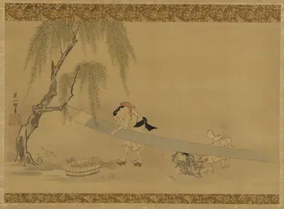 Woman stretching cloth to dry; two children at play