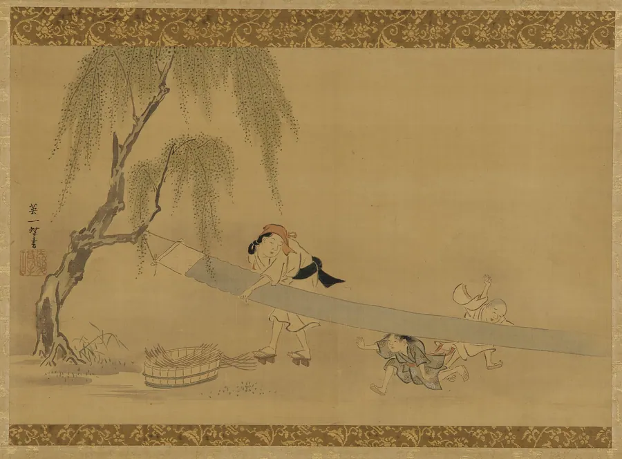 Woman stretching cloth to dry; two children at play by Hanabusa Itcho 英一蝶 (1652-1724)