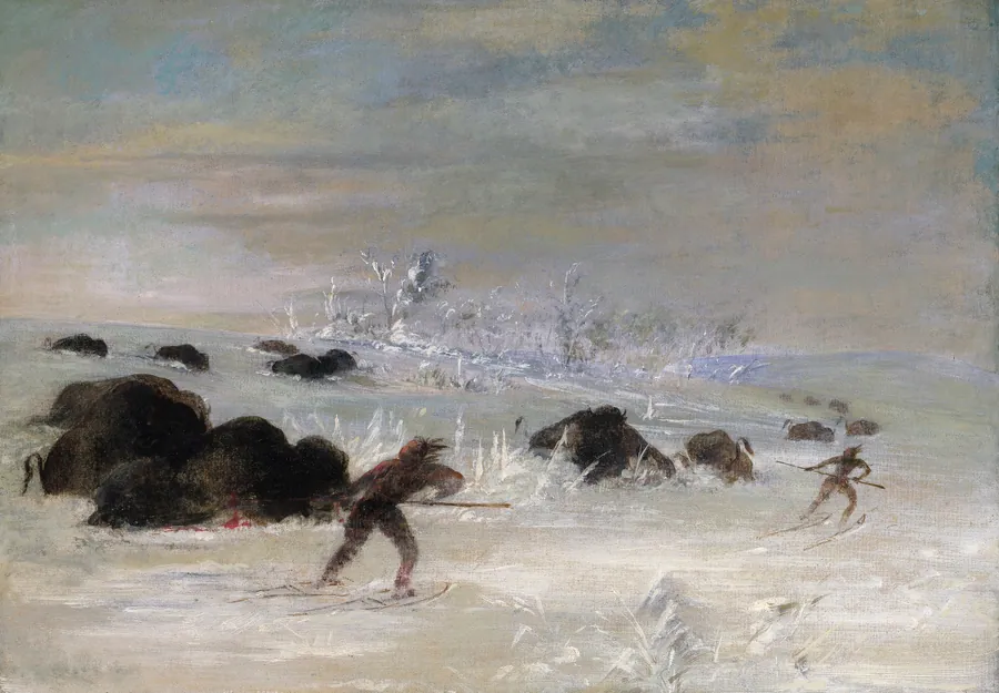Assiniboine Indians Pursuing Buffalo on Snowshoes by George Catlin, born Wilkes-Barre, PA 1796-died Jersey City, NJ 1872