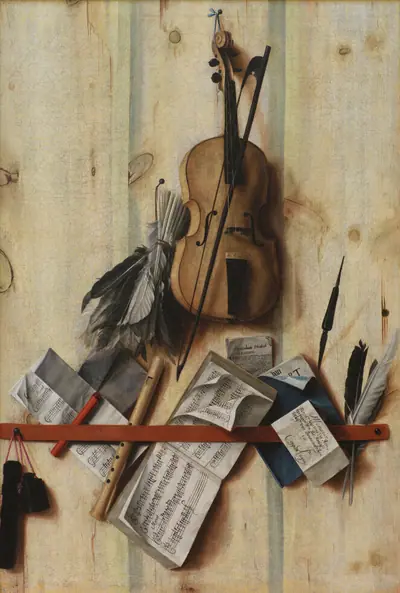 Trompe l'oeil med violin, nodehæfte og blokfløjte