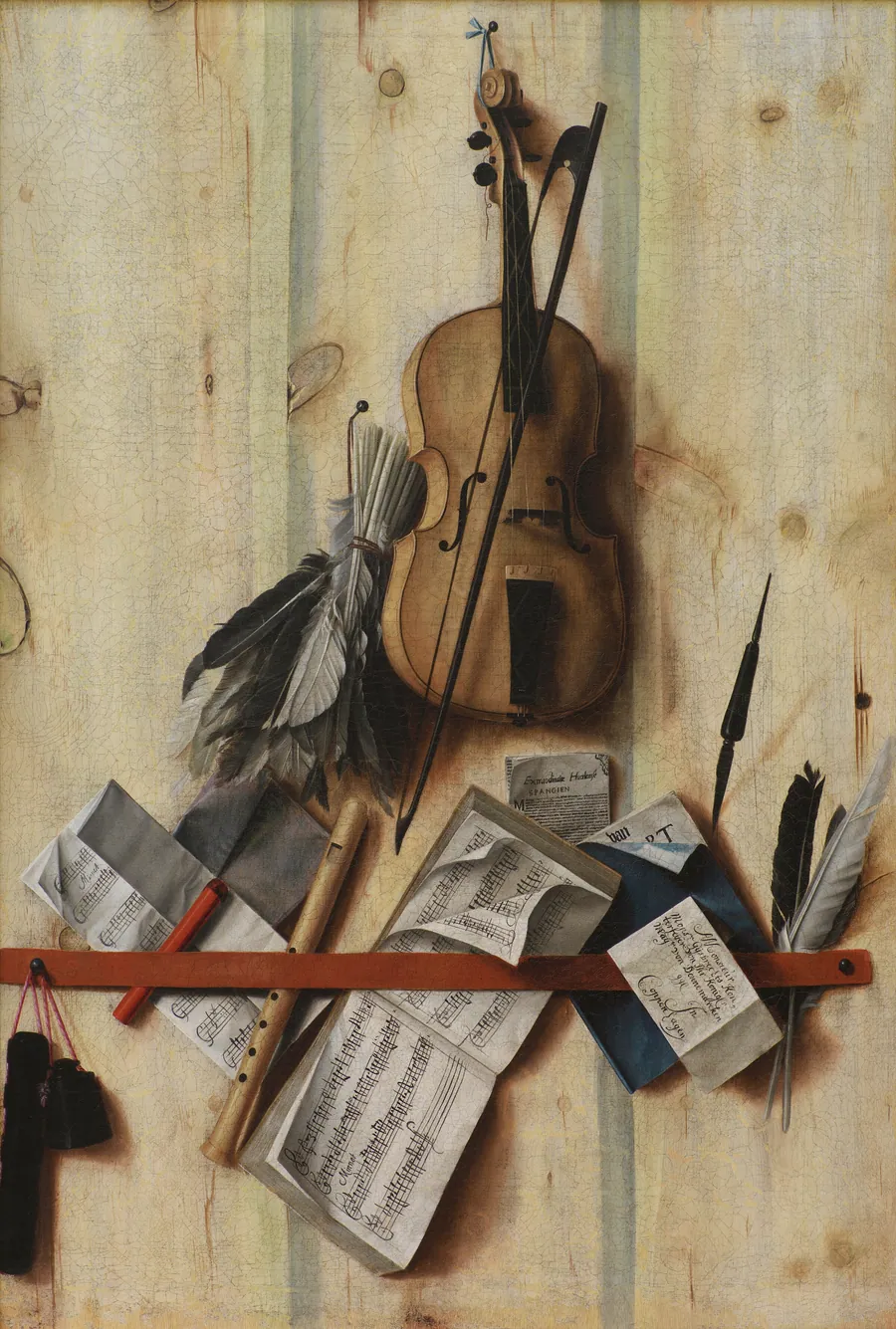 Trompe l'oeil med violin, nodehæfte og blokfløjte by Cornelius Norbertus Gijsbrechts