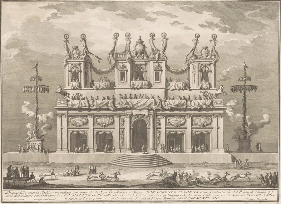 The Seconda Macchina for the Chinea of 1765: A Decorated Building with Cockaigne Poles by Giuseppe Vasi