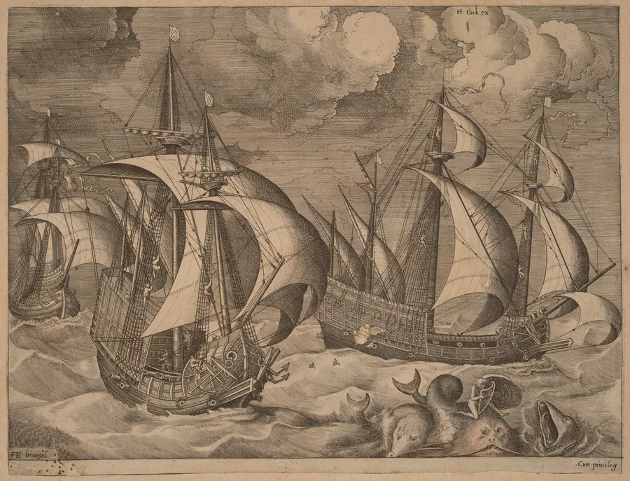 Three Caravels in a Rising Squall with Adrion on a Dolphin by Frans Huys