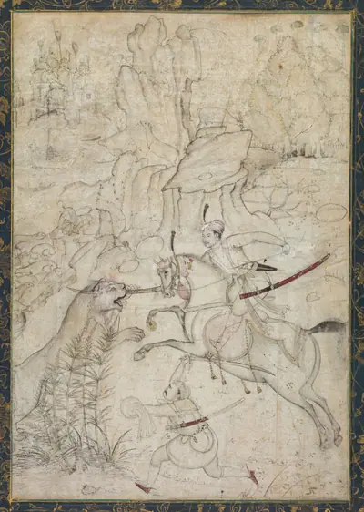 A Mounted Prince Hunting Lion in a Rocky Landscape