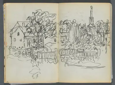 Sketchbook- The Granite Shore Hotel, Rockport, page 078 & 79: Village Scene with Church Spire