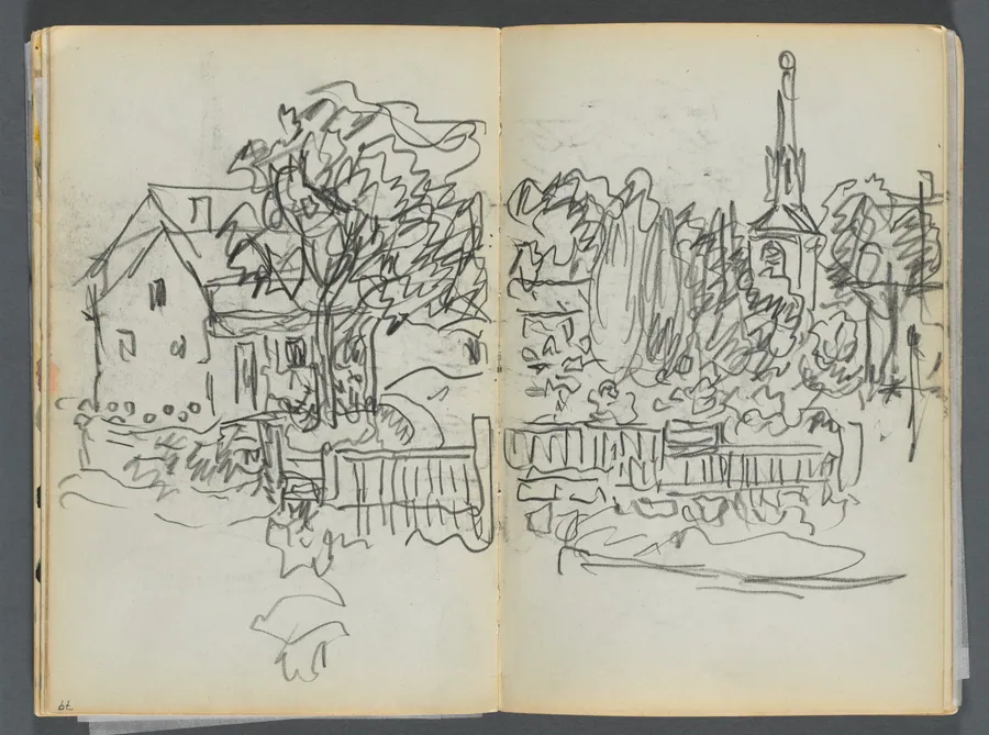 Sketchbook- The Granite Shore Hotel, Rockport, page 078 & 79: Village Scene with Church Spire by Maurice Prendergast