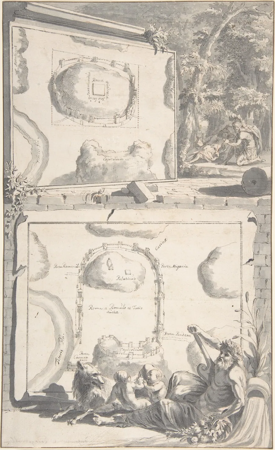 Two Maps of Ancient Rome with a River God and Romulus and Remus by Jan Goeree