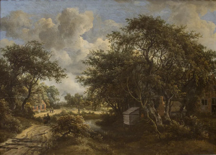 Vej gennem en landsby i skoven by Meindert Hobbema