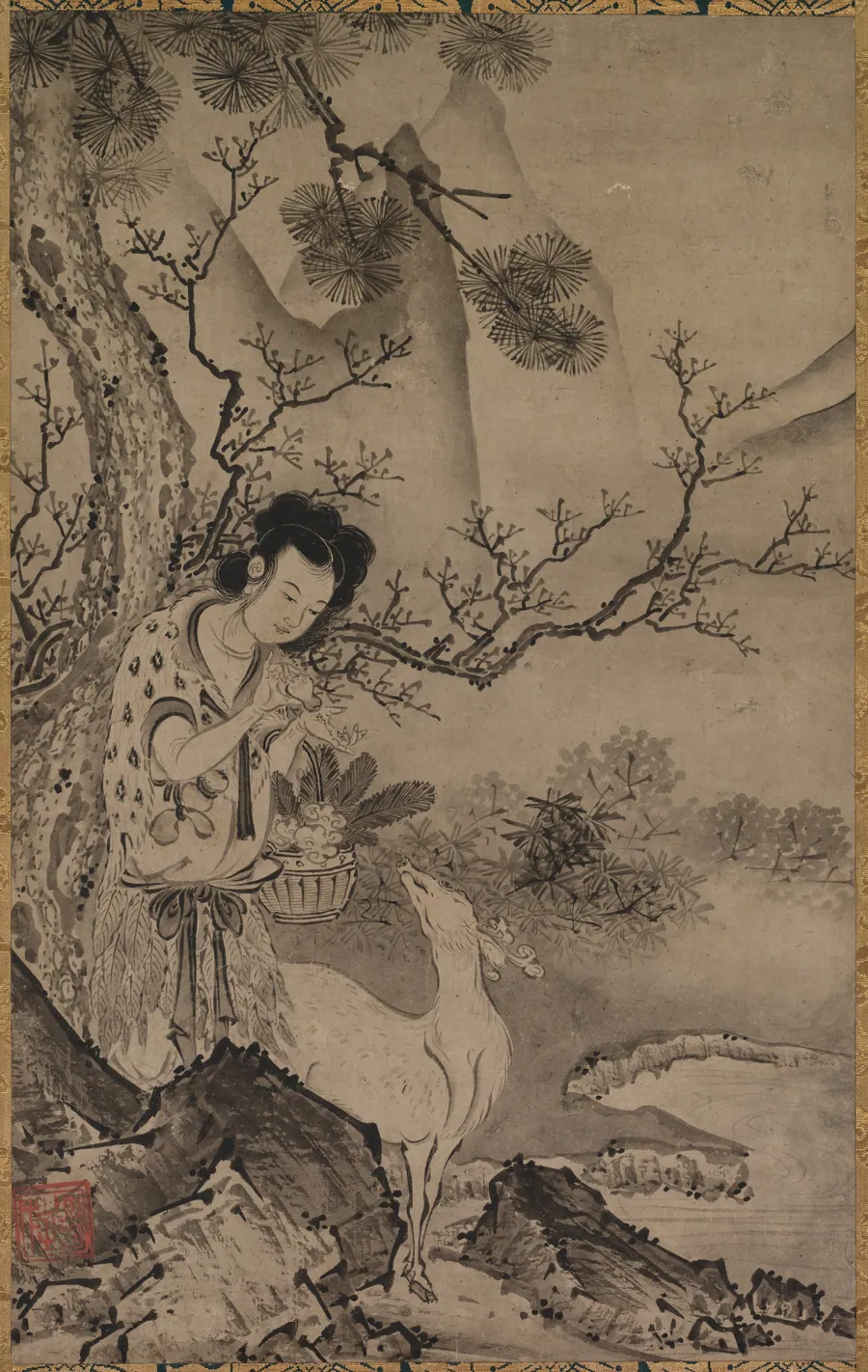 Female Daoist Figure in Landscape by Kōboku