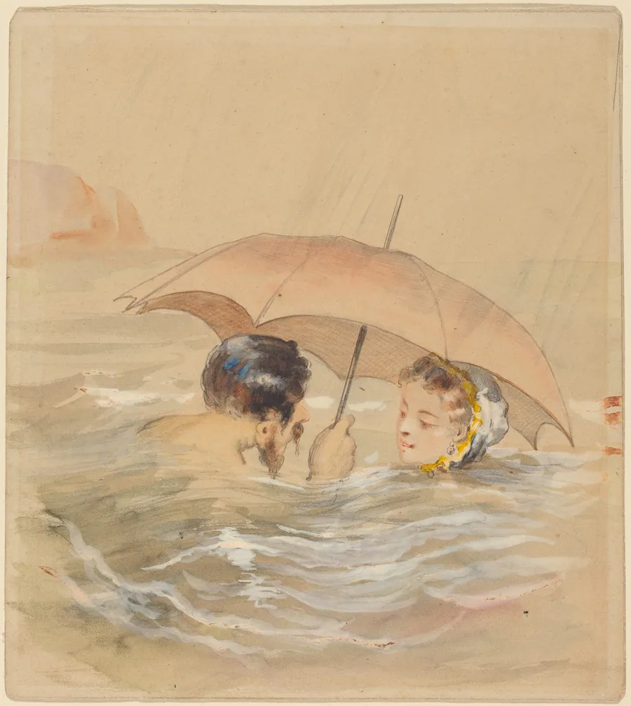 Male and Female Bathers with Umbrella by Alfred Grévin
