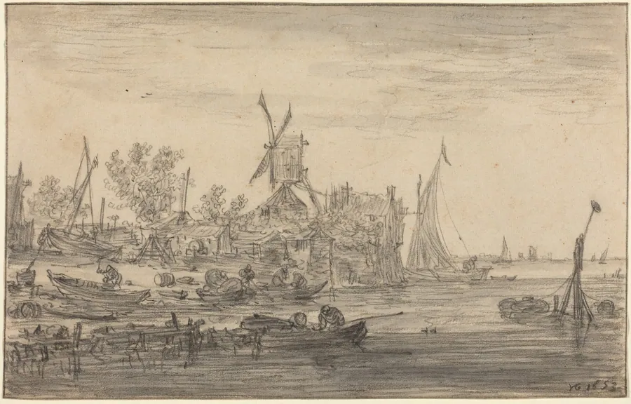Foreshore Scene with Windmill by Jan van Goyen