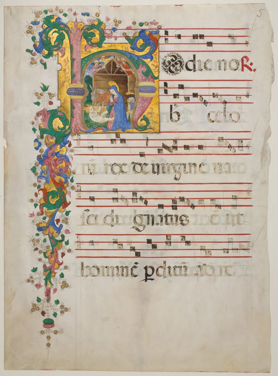 Manuscript Leaf with the Nativity in an Initial H, from an  Antiphonary by Master of the Riccardiana Lactantius