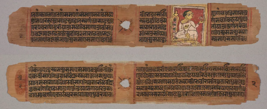 Folio 2, from a Kalpa-sutra and Story of Kalakacharya: Monk Holding a Flower (recto); text (verso)