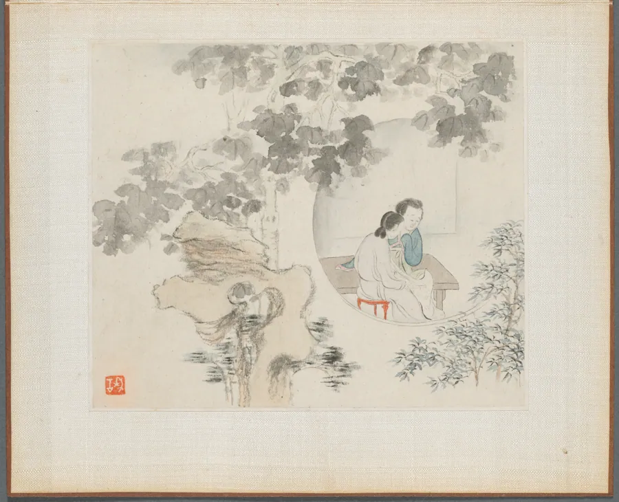 Album of Landscape Paintings Illustrating Old Poems: Two Women with Needlework in a Garden by Hua Yan