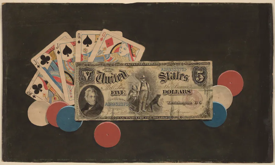 Trompe l'Oeil: A Full House with Chips and a $5 Bill by American 19th Century