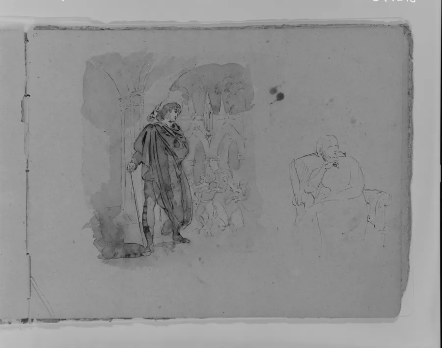 Man in Cape with Staff Watching Melee; Seated Woman (from Sketchbook) by Thomas Sully