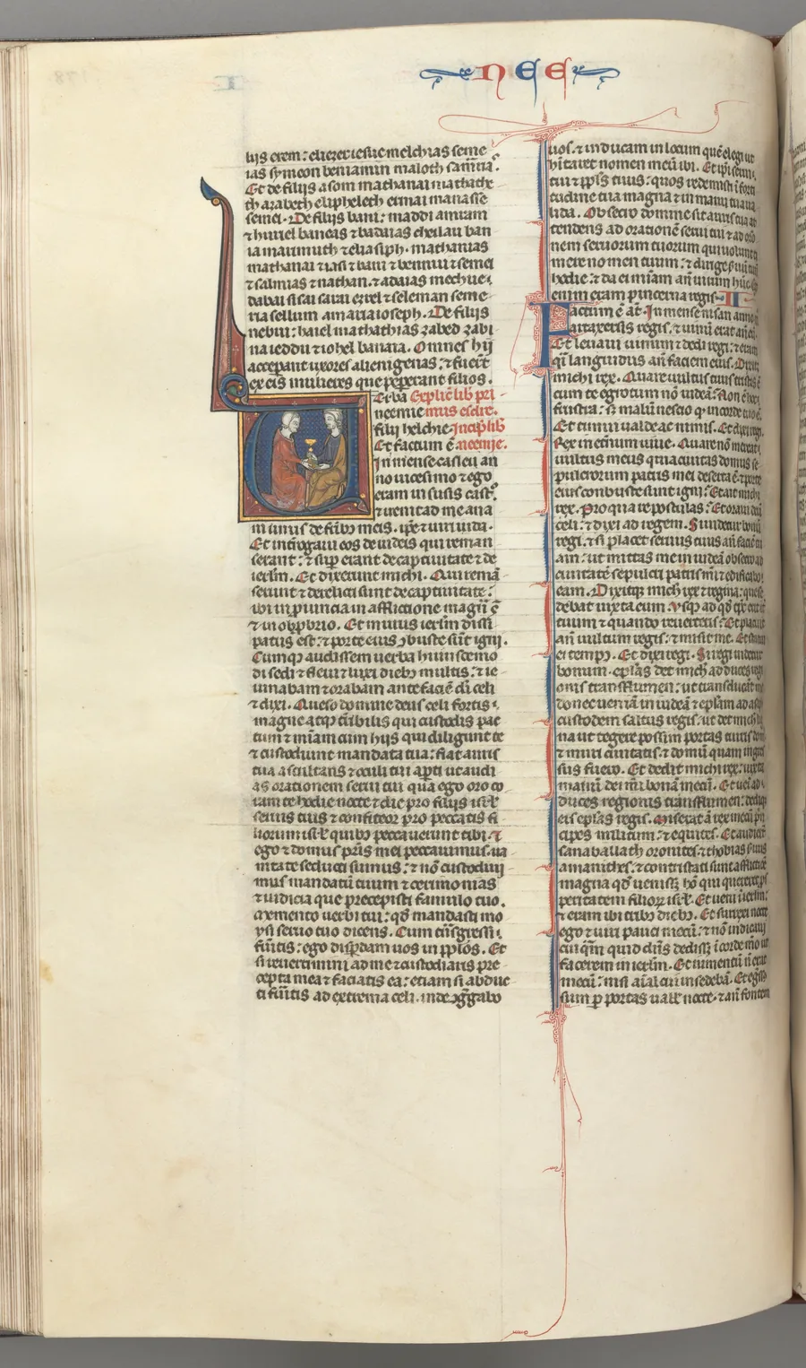 Fol. 178v, Nehemiah, historiated initial V, Nehemiah presenting the golden cup to Artaxerxes