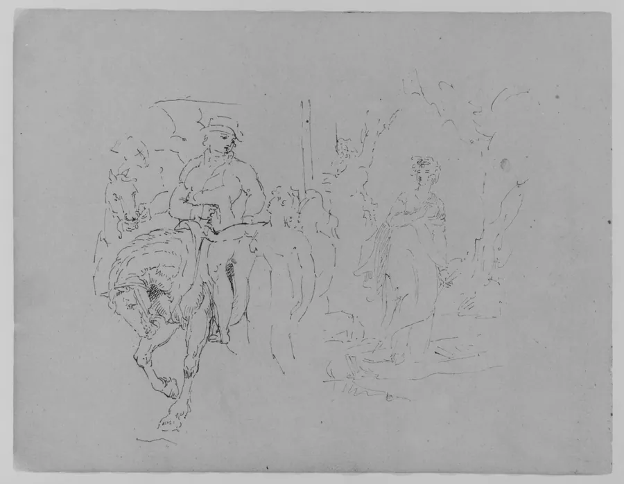 Man on Horseback with Standing Figure; Female in a Landscape (from Sketchbook) by Thomas Sully