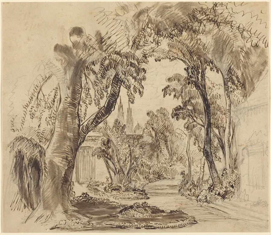 A Tree-lined Garden Path (Preliminary Sketch for "Sleeping Beauty and the Beast"?) by Robert Caney