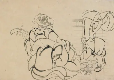 Two sketches: lady playing samisen and lady with back to observer looks between open shoji