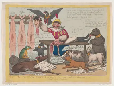 The Political Butcher, or Spain Cutting Up Buonaparte For The Benefit Of Her Neighbours