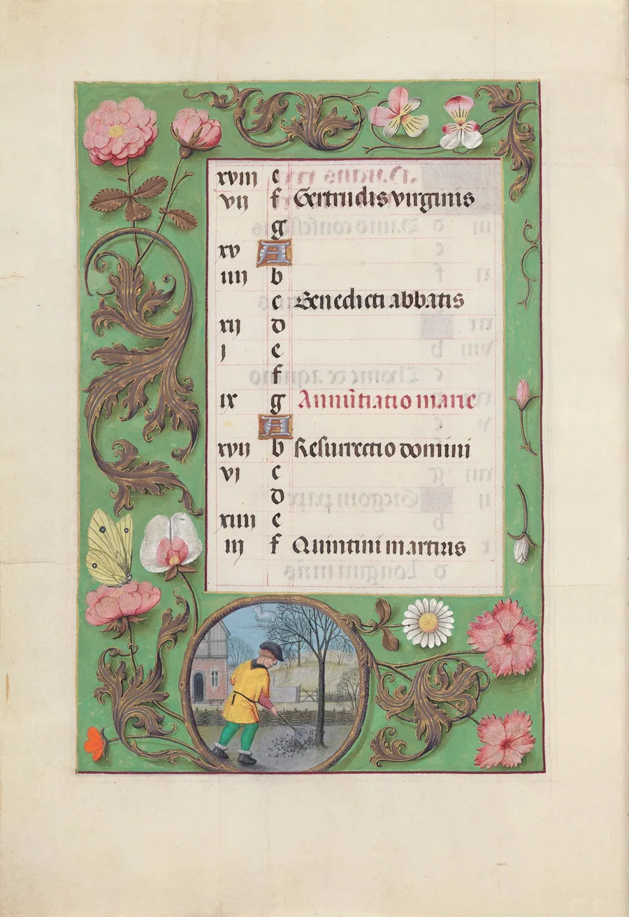 Hours of Queen Isabella the Catholic, Queen of Spain:  Fol. 4v, March by Master of the First Prayerbook of Maximillian