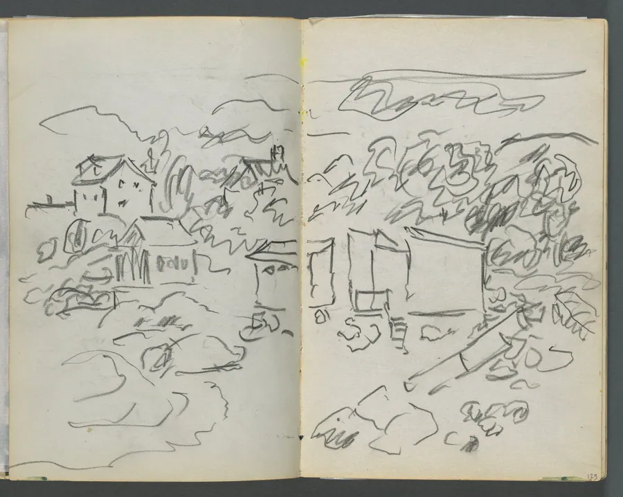 Sketchbook, The Dells, N° 127, page 124 & 125: Landscape with Houses by Maurice Prendergast