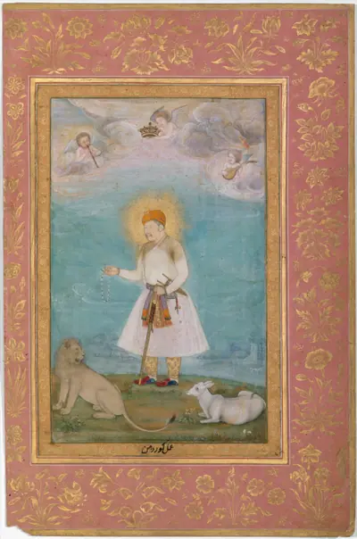 "Akbar With Lion and Calf", Folio from the Shah Jahan Album