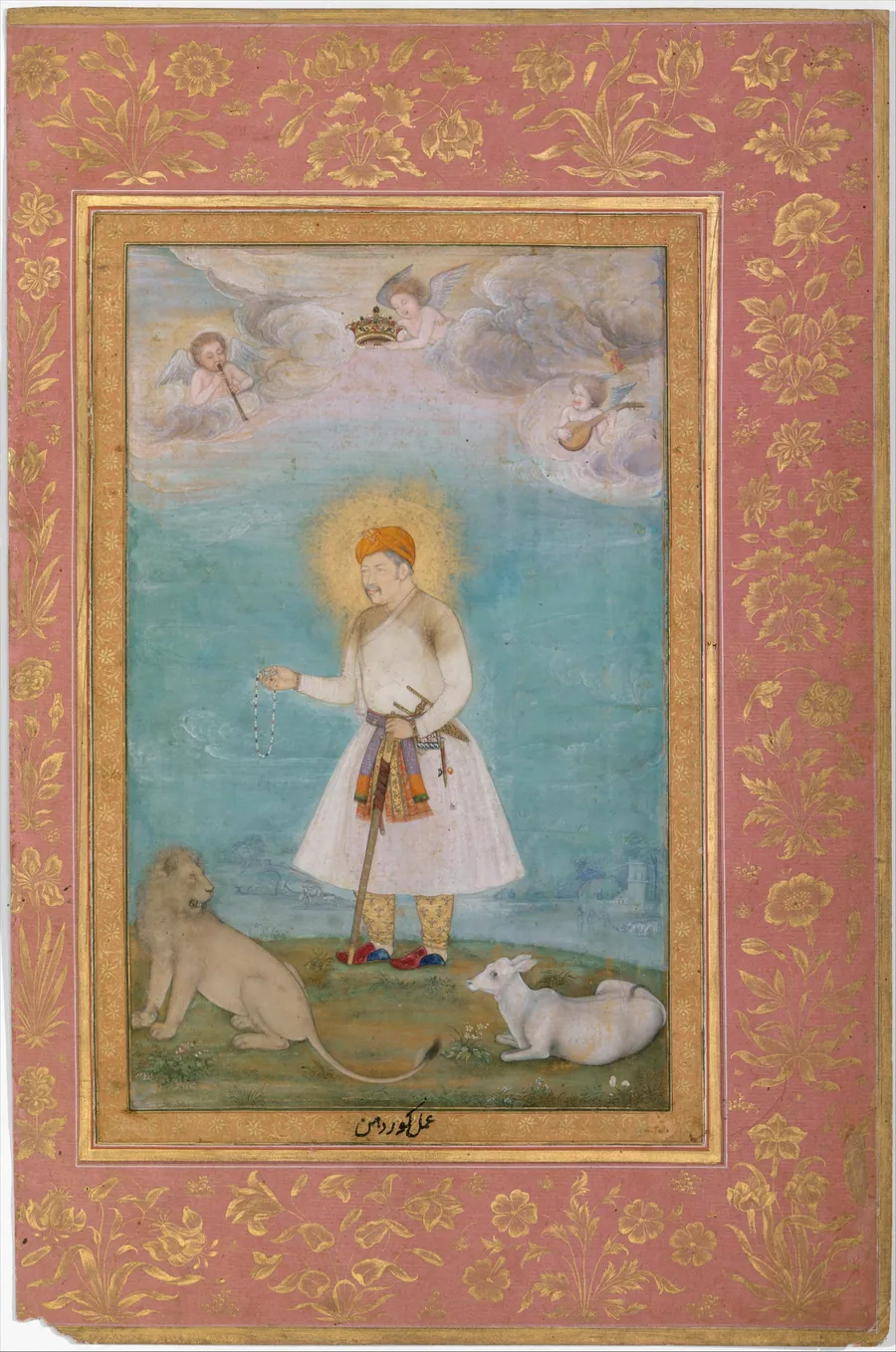 "Akbar With Lion and Calf", Folio from the Shah Jahan Album by Govardhan